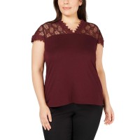 INC International Concepts Lace-Trim Top (Medıum Red, 1X Plus)