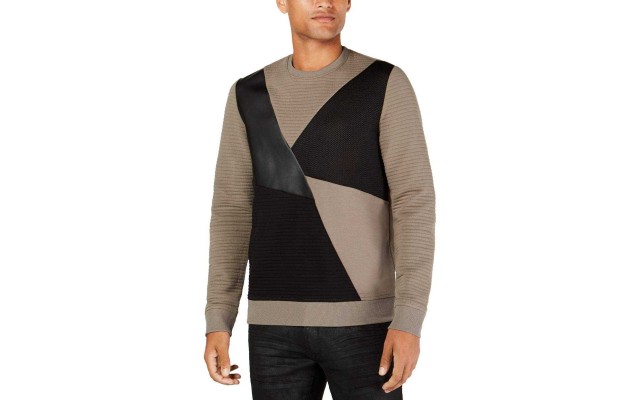  Men’s Colorblocked Mixed Media Sweater (Taupe Tone, XL)