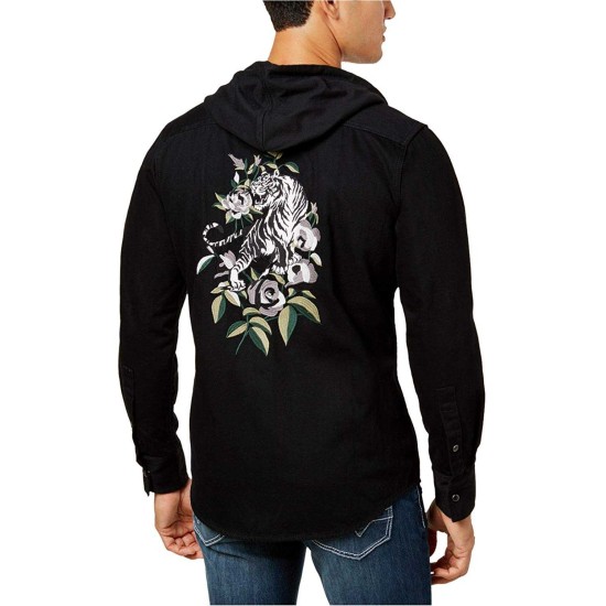  Men’s Embroidered Tiger Hooded Shirt (Black Wash, L)