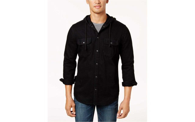  Men’s Embroidered Tiger Hooded Shirt (Black Wash, L)