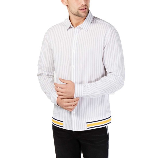  Mens Pinstriped Button Front Dress Shirt (Gray/White/Yellow, 2XL)