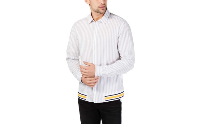  Mens Pinstriped Button Front Dress Shirt (Gray/White/Yellow, 2XL)