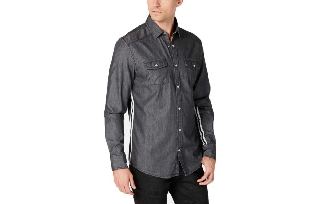  Men’s Side Stripe  Shirt (Dark Chambray, XXL)