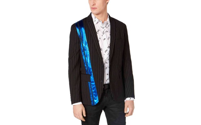  Men’s Slim-Fit Pinstriped Pieced Blazer (Black, Large)