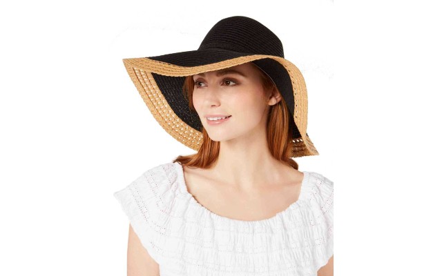  Mixed Braid Colorblocked Floppy Hat (Black/Beige)