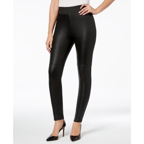  Pebble-Texture Faux-Leather Smoothing Leggings (Black,XS)