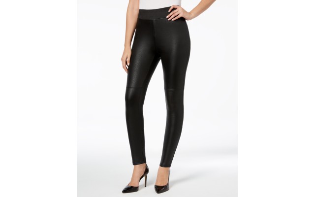  Pebble-Texture Faux-Leather Smoothing Leggings (Black,XS)