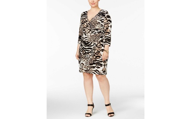  Plus Animal-Print Wrap Dress (Black, 1X)