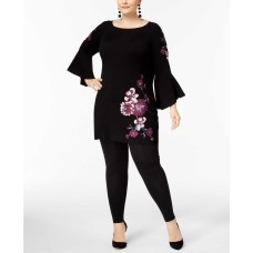 Inc International Concepts Plus  Embroidered Bell-Sleeve Tunic Sweater (Black, 2X)
