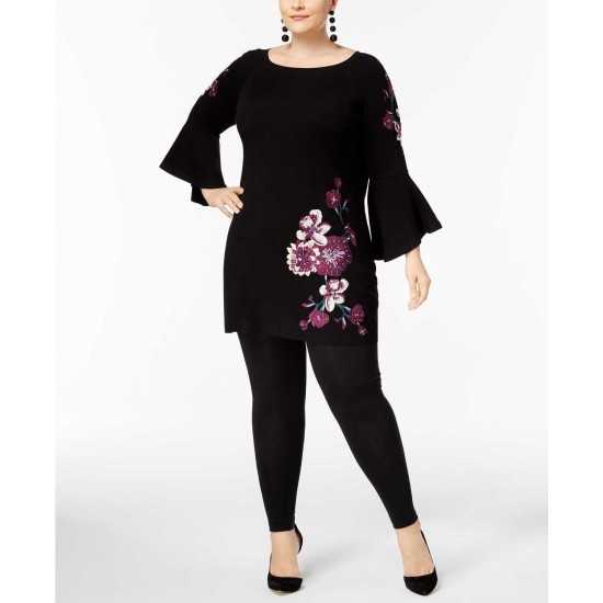  Plus  Embroidered Bell-Sleeve Tunic Sweater (Black, 2X)