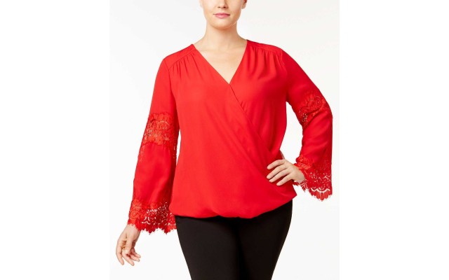  Plus Lace-Inset Surplice Blouse (Dark Red, 1X)