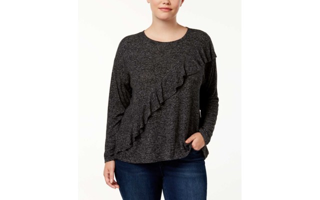  Plus Ruffle-Front Sweatshirt (Dark Gray, 1X)