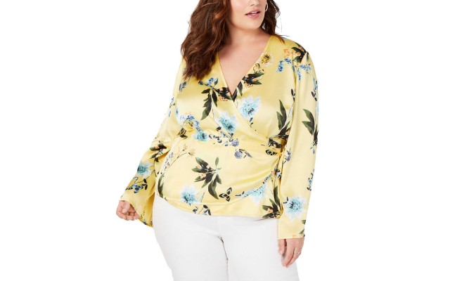  Plus Size Floral Wrap Top (Yellow, 2X Plus)
