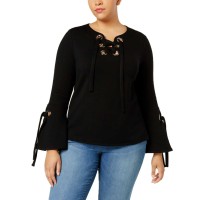 INC International Concepts Plus Size Lace-Up Bell-Sleeve Sweatshirt (Black, 0X)