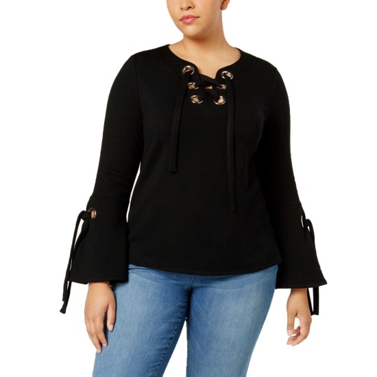  Plus Size Lace-Up Bell-Sleeve Sweatshirt (Black, 0X)