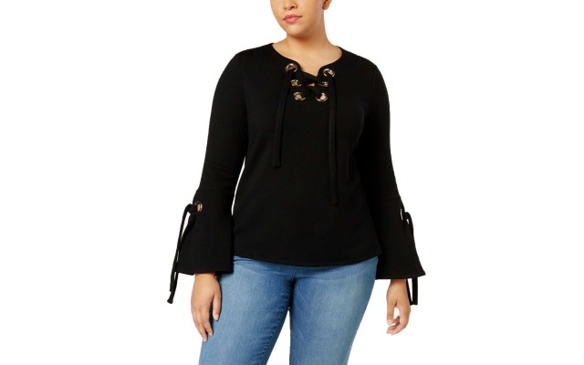  Plus Size Lace-Up Bell-Sleeve Sweatshirt (Black, 0X)