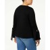  Plus Size Lace-Up Bell-Sleeve Sweatshirt (Black, 0X)
