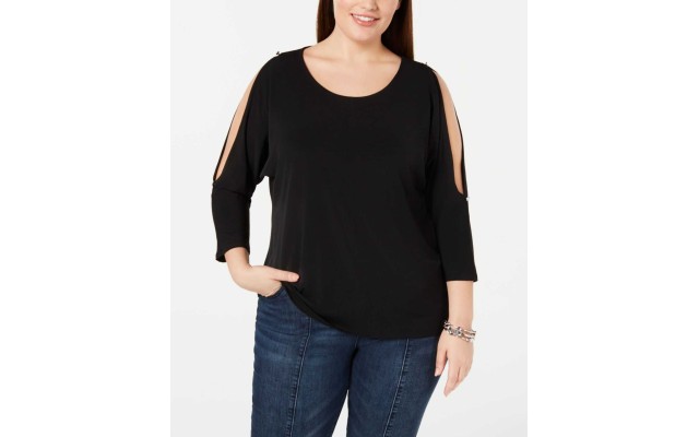  Plus Size Woman’s Embellished Cold-Shoulder Top (Black, 4-XL)