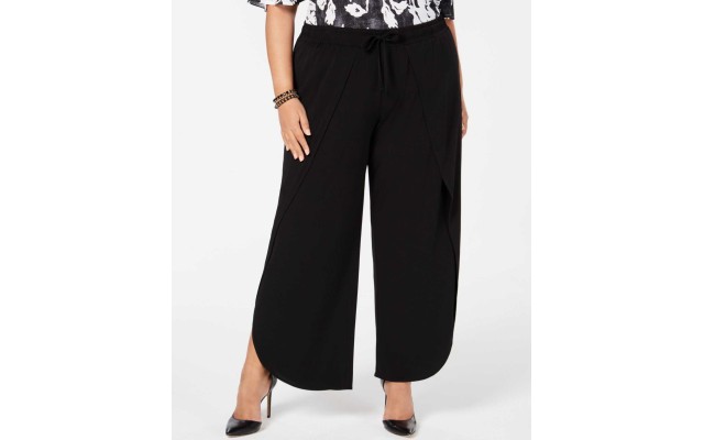  Plus Size Woman’s Soft Overlay Wide-Leg Pants (Black, 3XL)