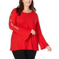 INC International Concepts Plus Size Women’s Embellished Sleeve Top (Red, 0X)