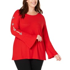INC International Concepts Plus Size Women’s Embellished Sleeve Top (Red, 0X)
