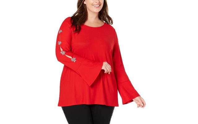  Plus Size Women’s Embellished Sleeve Top (Red, 0X)