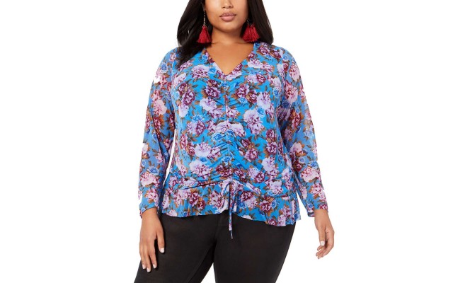  Plus Size Women’s Floral-Print Ruched Pullover Shirt Tops