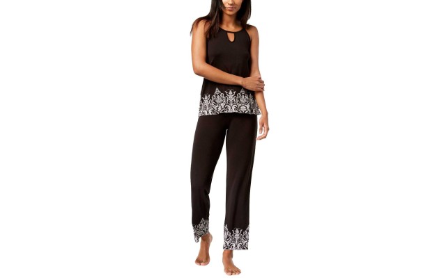  Printed-Hem Pajama Set (Black, XS)