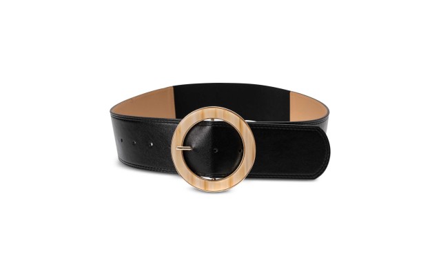  Round Buckle Faux Leather Stretch Belt (Black, S/M)