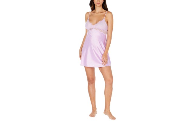  Satin Lace-Trimmed Jacquard Chemise Nightgown (Purple, 2XL)