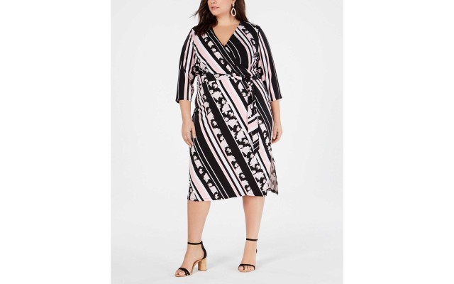  Stripe Printed Wrap Dress (Black/Multi, 0X)