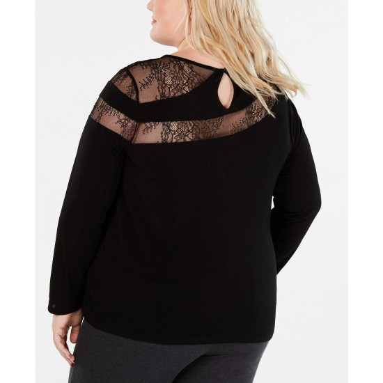  Woman’s Long-Sleeve Illusion-Lace Top (Black, 1X)
