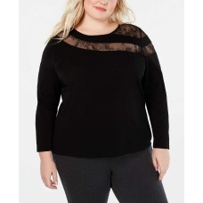 INC International Concepts Woman’s Long-Sleeve Illusion-Lace Top (Black, 1X)