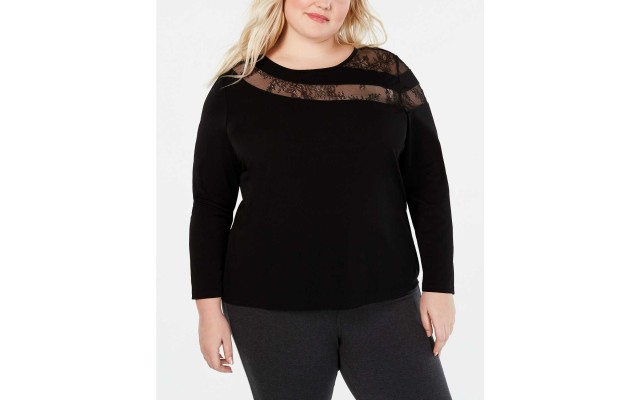  Woman’s Long-Sleeve Illusion-Lace Top (Black, 1X)