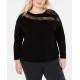  Woman’s Long-Sleeve Illusion-Lace Top (Black, 1X)