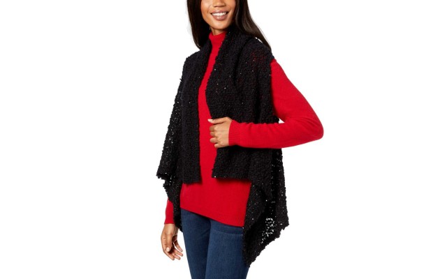  Women’s Draped Popcorn-Knit Vest (Black)