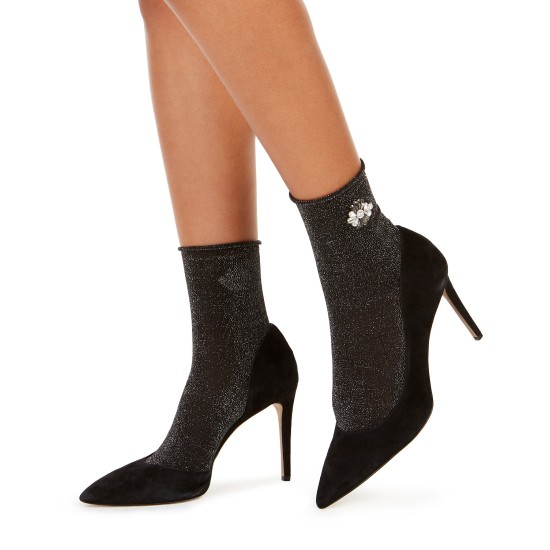  Women’s Embellished Metallic Anklet Socks (Black)
