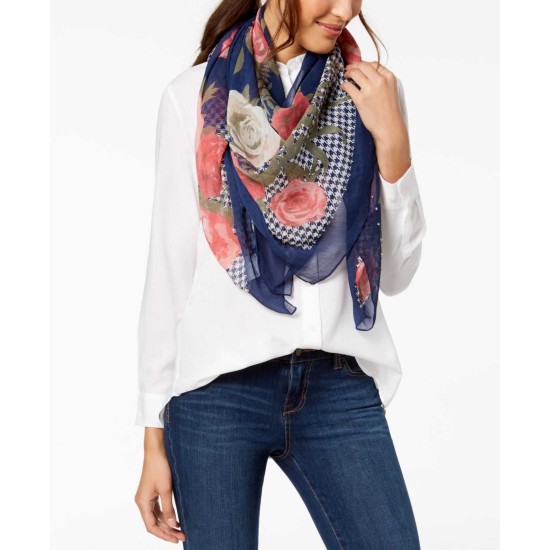  Women's Houndstooth Floral Square Scarves, Navy