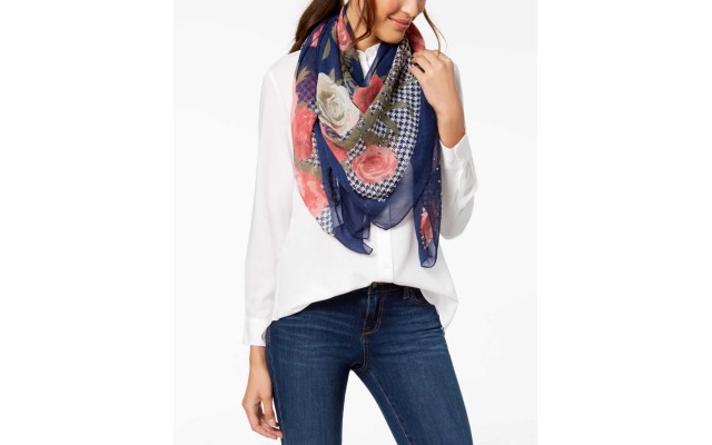  Women's Houndstooth Floral Square Scarves, Navy