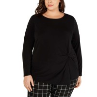 INC International Concepts Women’s Long-Sleeve Asymmetrical-Twist Top (Black, 1X)