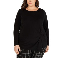 INC International Concepts Women’s Long-Sleeve Asymmetrical-Twist Top (Black, 1X)