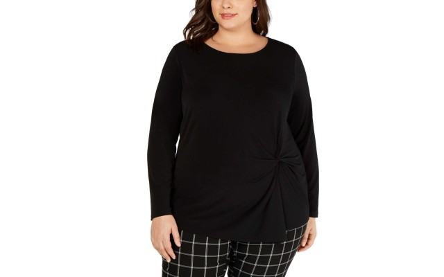  Women’s Long-Sleeve Asymmetrical-Twist Top (Black, 1X)