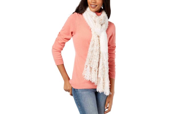  Women's Mixed Yarns Colorblocked Fringe Scarves, Ivory