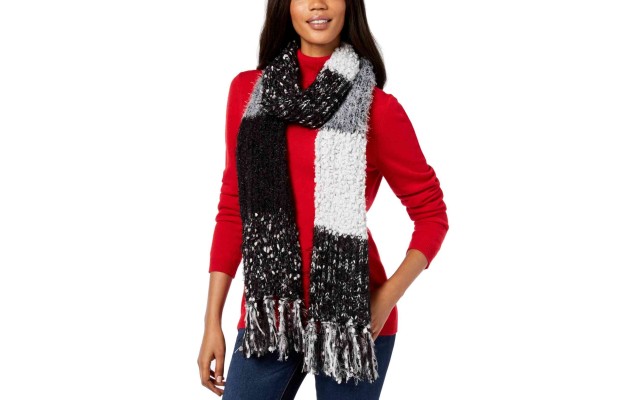  Women's Mixed Yarns Colorblocked Fringe Scarves, Black