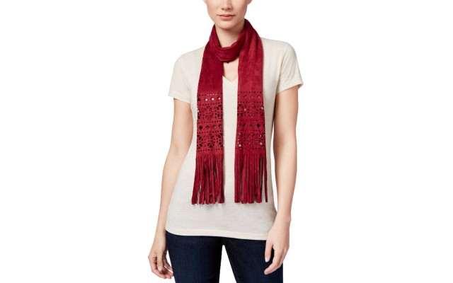  Women's Perforated Faux Suede Skinny Scarves, Red