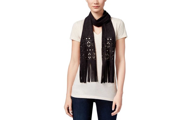  Women's Perforated Faux Suede Skinny Scarves, Black