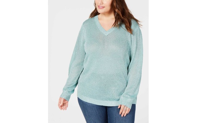  Women’s Plus Size V-Neck Metallic Sweaters