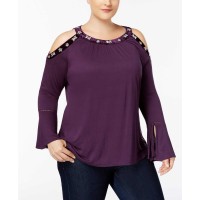 INC International Concepts Women’s Plus Size Velvet-Trim Cold-Shoulder Pullover Blouse Tops