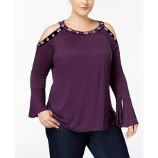 INC International Concepts Women’s Plus Size Velvet-Trim Cold-Shoulder Pullover Blouse Tops