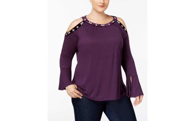  Women’s Plus Size Velvet-Trim Cold-Shoulder Pullover Blouse Tops